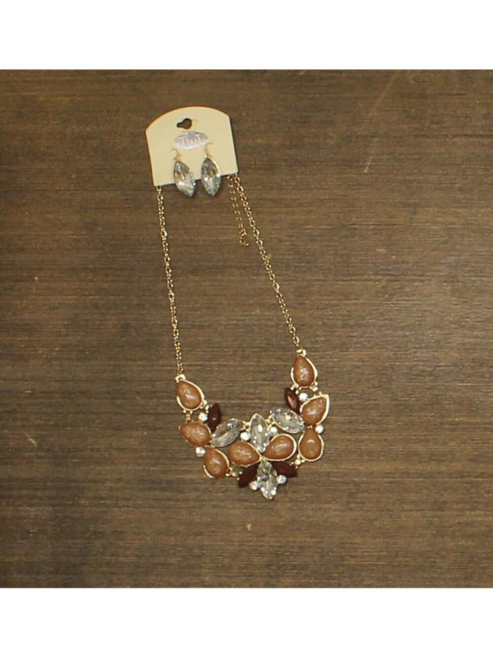 NWT Tint Rhinestone Teardrop Earring Necklace Set Gold / Peach Orange 18" + 3"